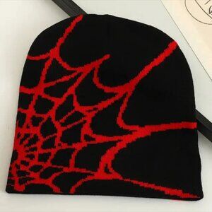 Spider Web Beanie Hat Cap Black & Red